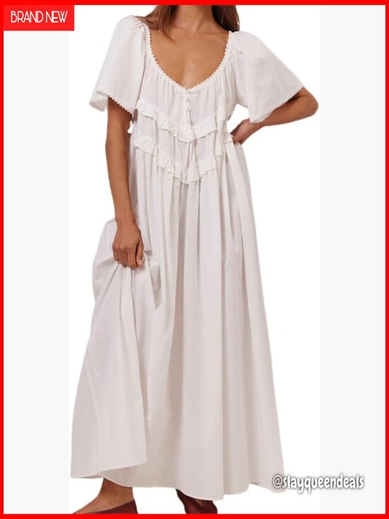 Dresses & Skirts - Maxi Dress Low Neckline Open Back Relaxed Fit Long Dress Frill Lace Trim Beach